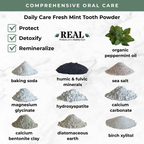 A product infographic for 'Daily Care Fresh Mint Tooth Powder' by the brand 'REAL Products for a Healthy Life'. The graphic features a white marble-textured background with a dark green header with ingredients shown: Baking soda, humic and fulvic minerals, sea salt, magnesium glycinate, hydroxyapatite, calcium carbonate, calcium bentonite clay, diatomaceous earth, birch xylitol, organic peppermint oil
